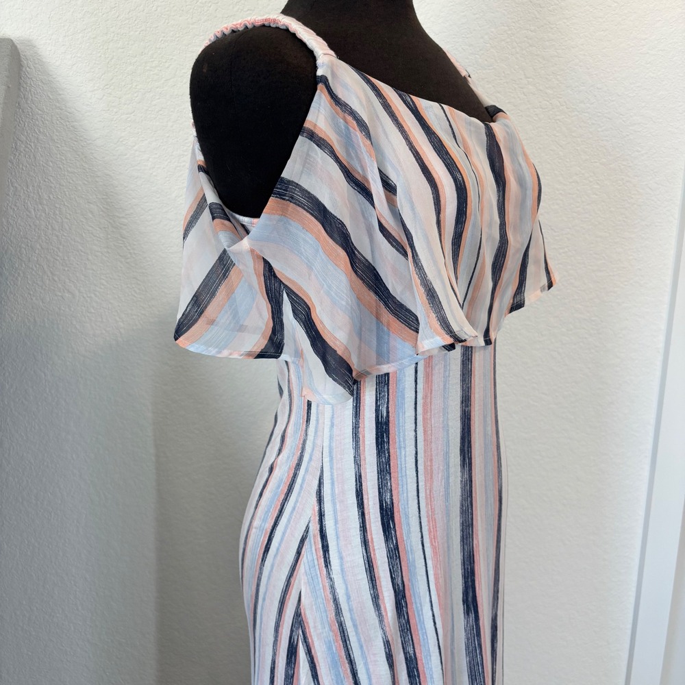 Design 365 Womens Striped Cold Shoulder Ruffle Maxi Dress Navy Peach Blue Small